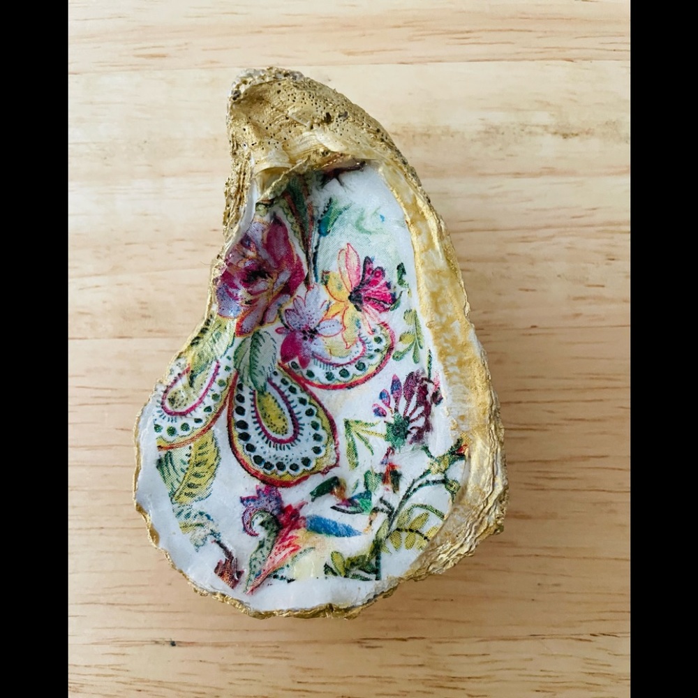 Paisley oyster shell with gold trim and gold painted back. Hand made decoupage.